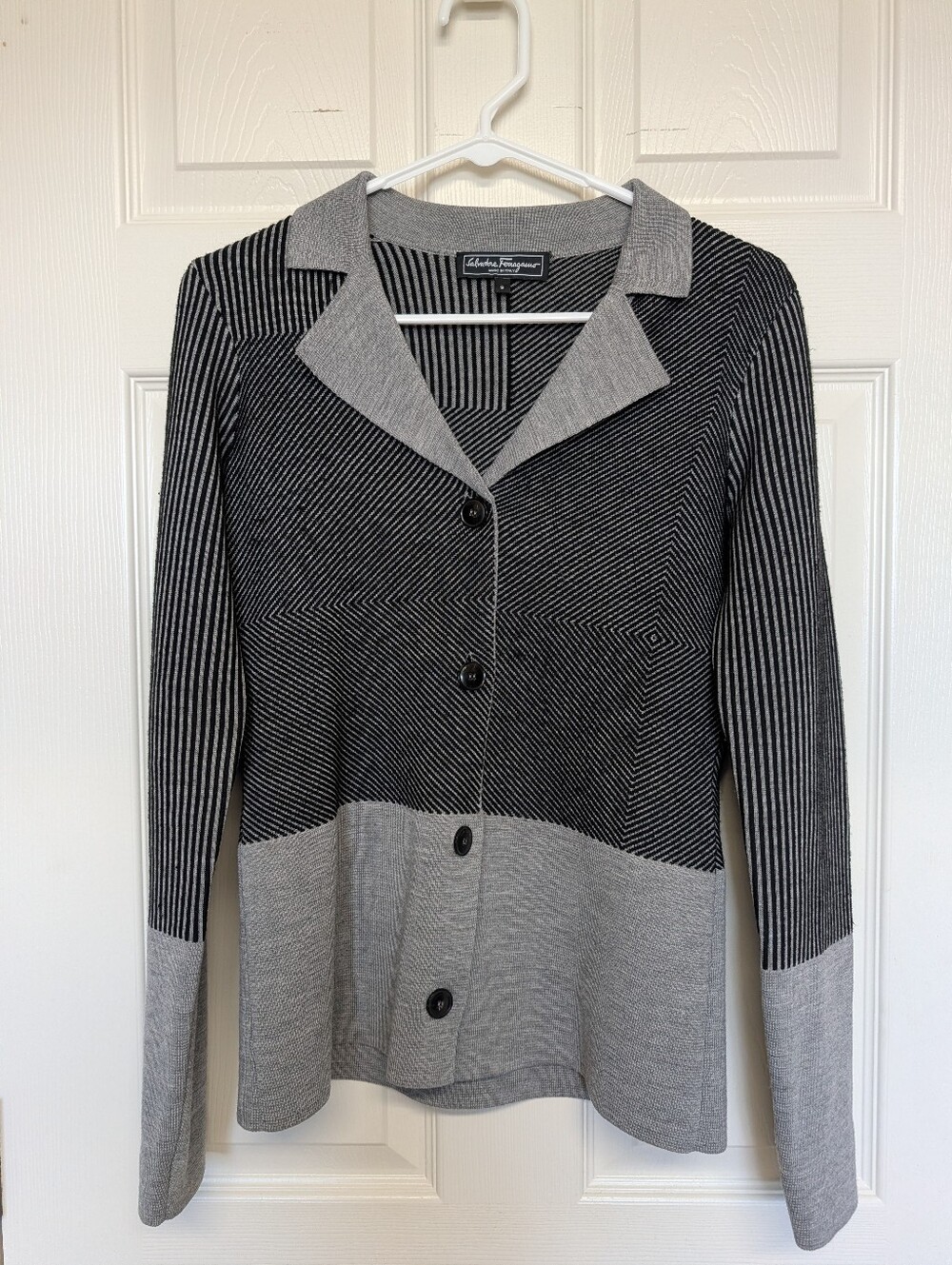 Salvatore Ferragamo Virgin Wool Silk Knit Cardigan Jacket Geometric Gray Black S